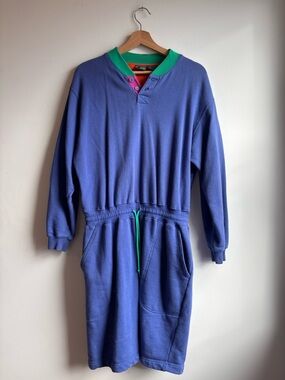 Vintage Blue One-Piece Sweatshirt Dress with Green Trim
